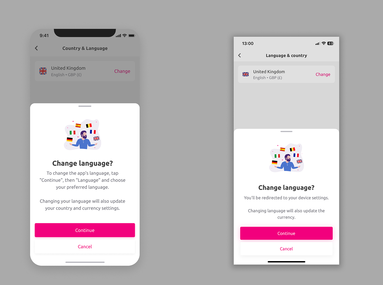 Mockup of Change Language modal.