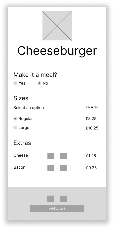 Mockup of restaurant booking app order screen.