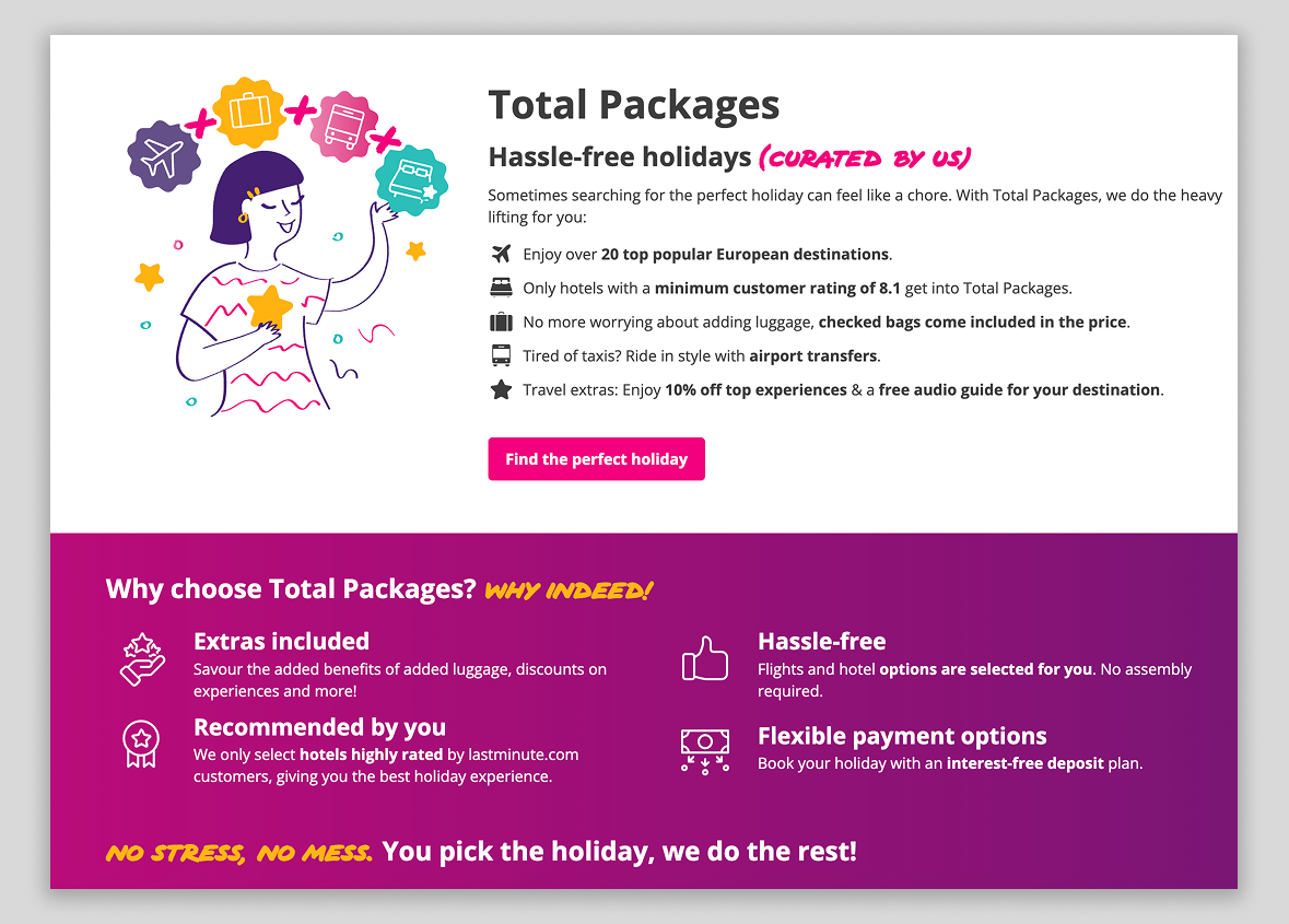 Mockup of Total Packages campaign landing page.